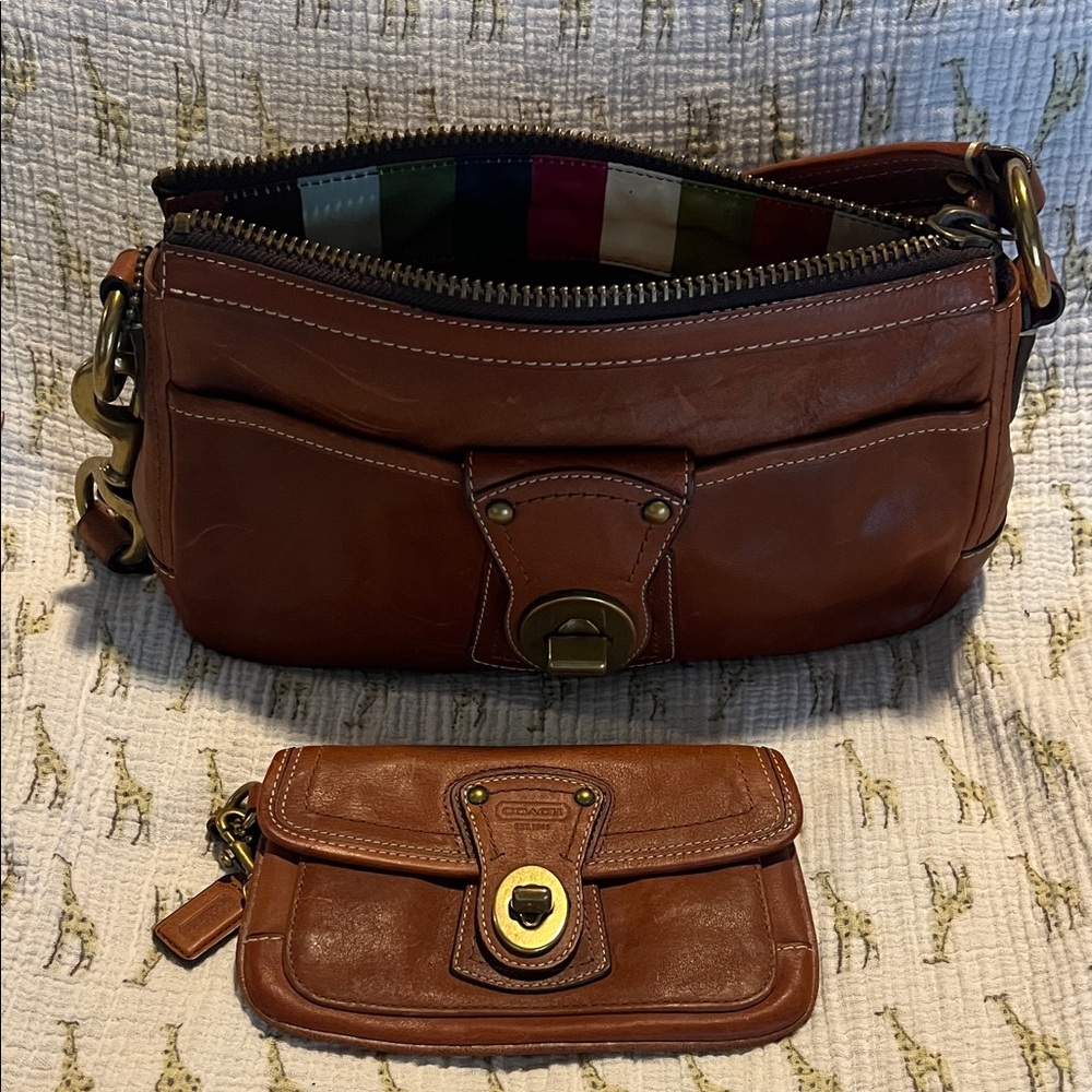 Coach Brown Leather Shoulder Bag and Wallet whiskey heritage legacy stripe